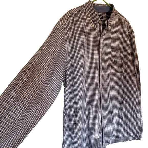 Chaps Mens Easy Care Button-Up Shirt 2XL Tall Plaid Cotton Blend Brown & Blue - Picture 9 of 13